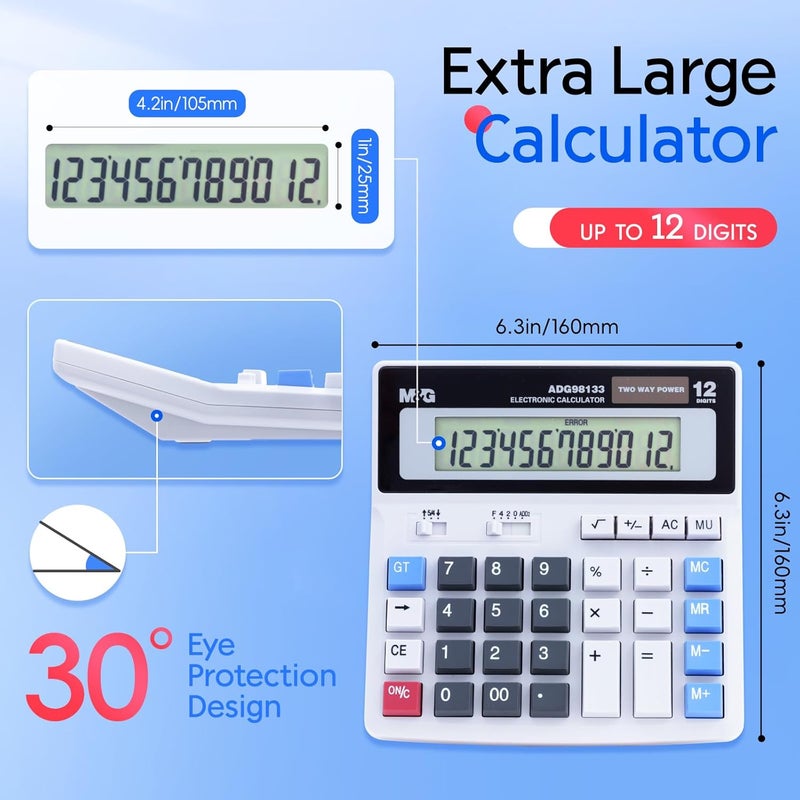 MG Desk Calculator 12 Digit Extra Large LCD Display, Dual Solar Power and Battery, Accounting Calculator with Big Button, Battery Include, Perfect for Office Business Home Daily Use - Image 5
